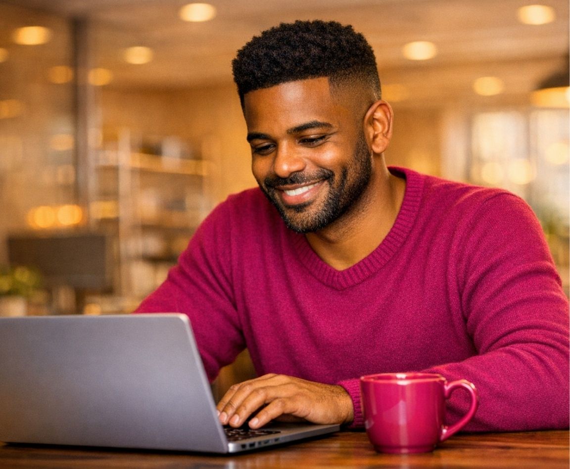 Affiliate working on a laptop, smiling