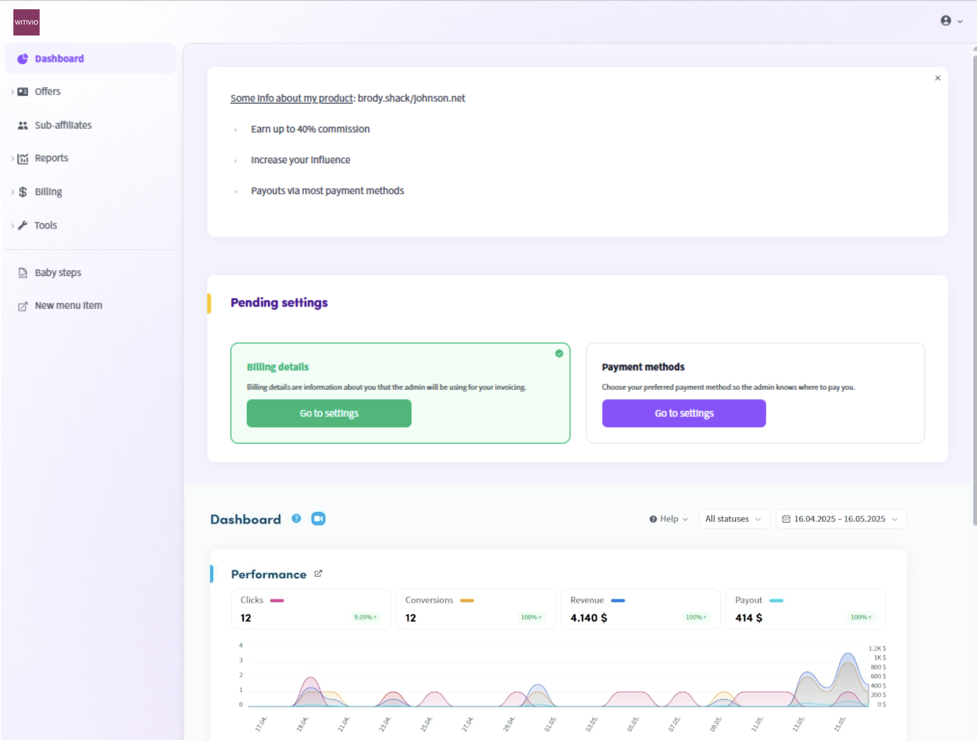 Trackdesk dashboard showing performance metrics, billing, and reports