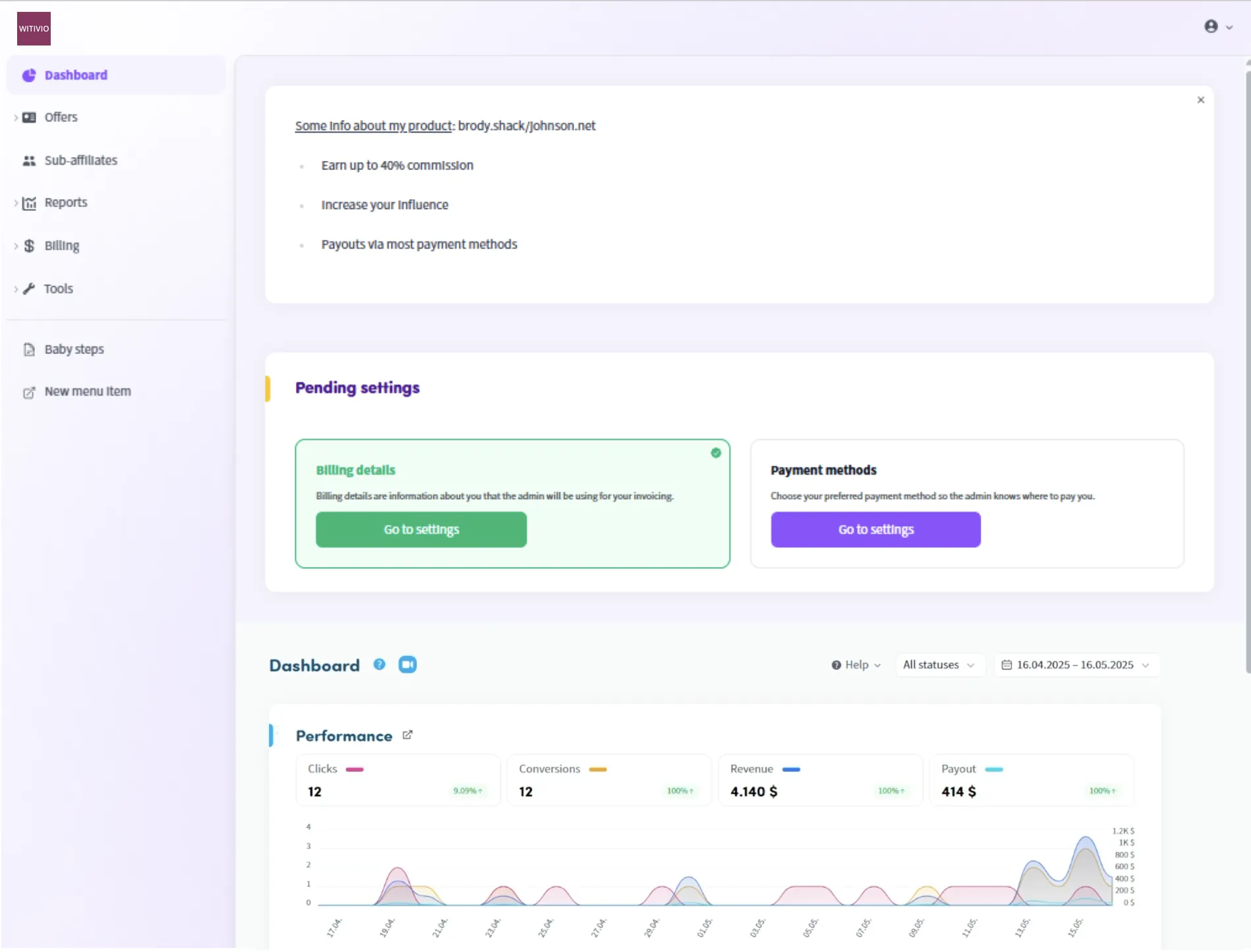 Trackdesk dashboard showing performance metrics, billing, and reports