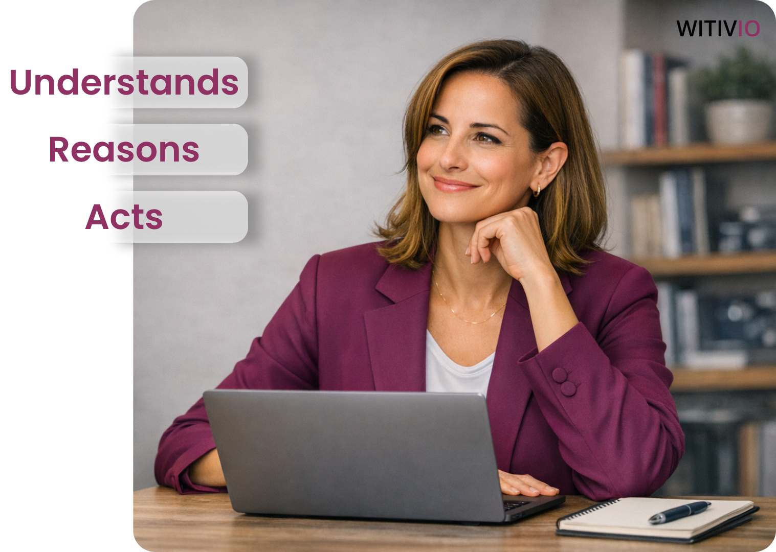 Professional working with AI agent technology in a warm modern office