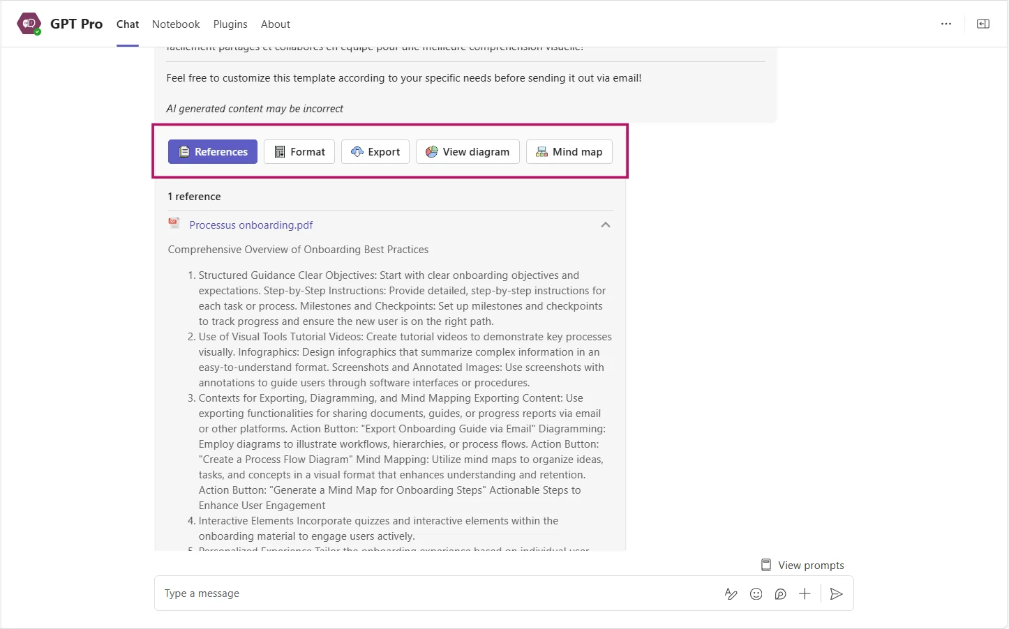 Action bar on an AI Desk Pro answer in Microsoft Teams: references, table, export and send by Outlook