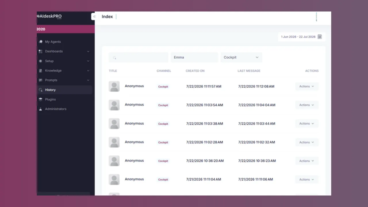 AI Desk Pro conversation history filtered by channel, by agent and by period in the console
