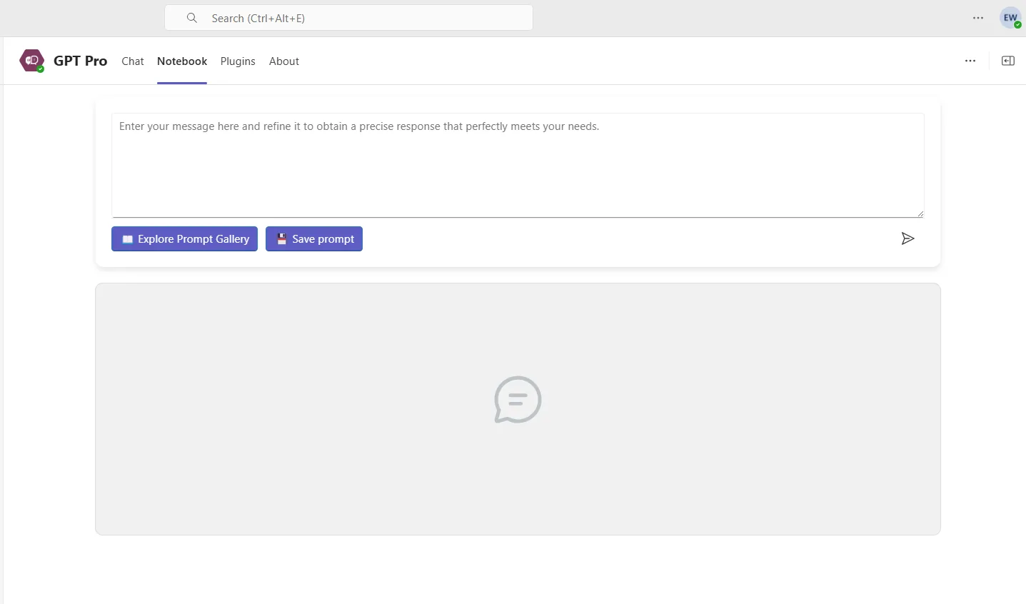 AI Desk Pro Notebook tab used to write, test and share prompts inside Microsoft Teams