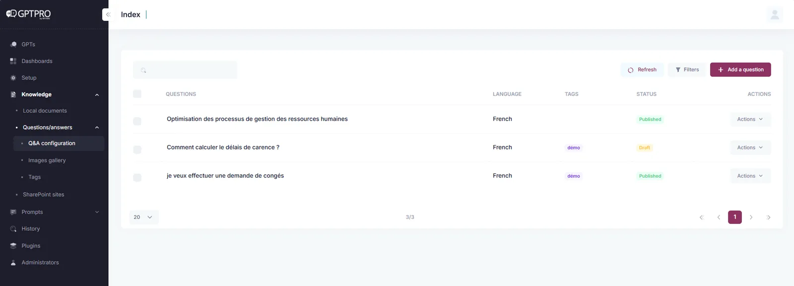 AI Desk Pro question and answer editor showing published Q&A entries and their tags