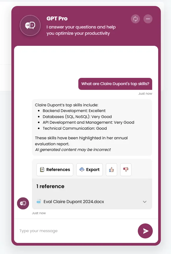 AI Desk Pro webchat on an internal portal, with an employee question and the sourced answer
