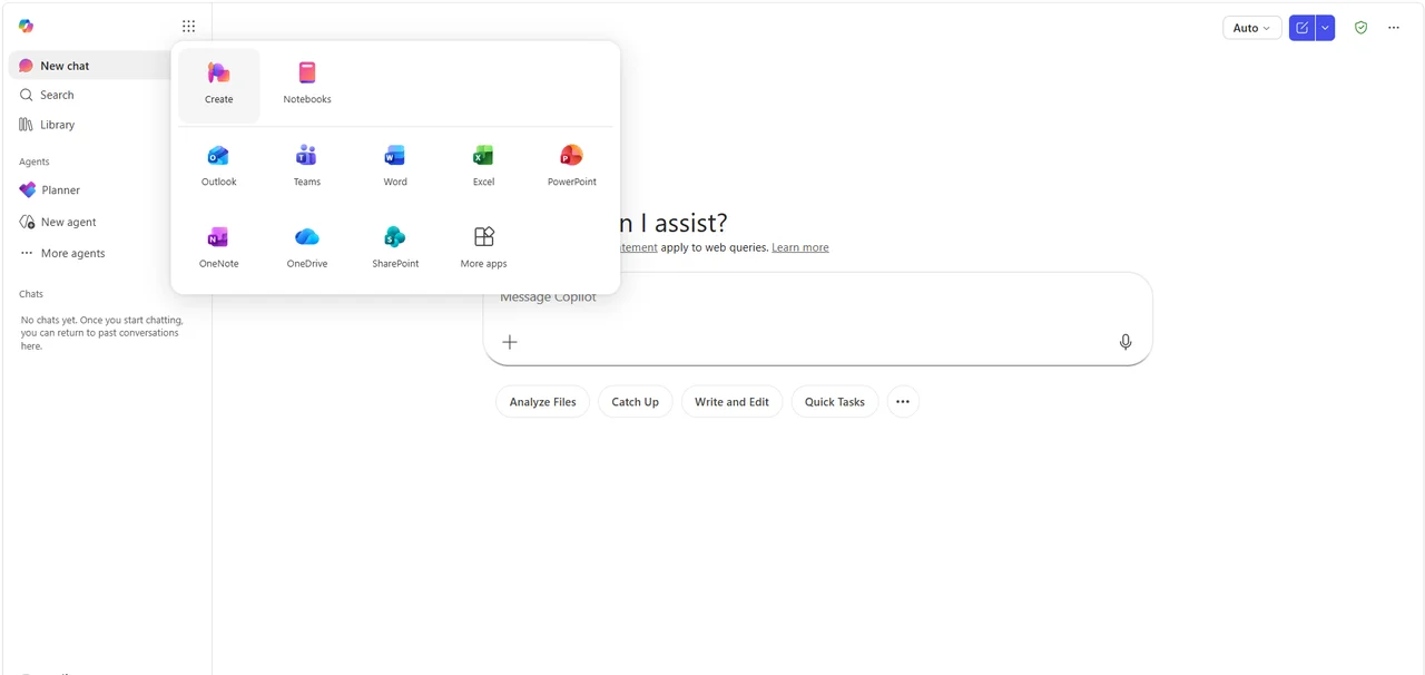 Microsoft 365 Copilot Create menu opened from the app launcher, showing Word, Excel, PowerPoint, Teams, and Outlook